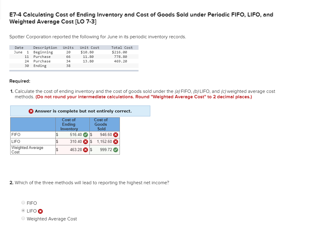 Solved E7 4 Calculating Cost Of Ending Inventory And Cost Chegg Com