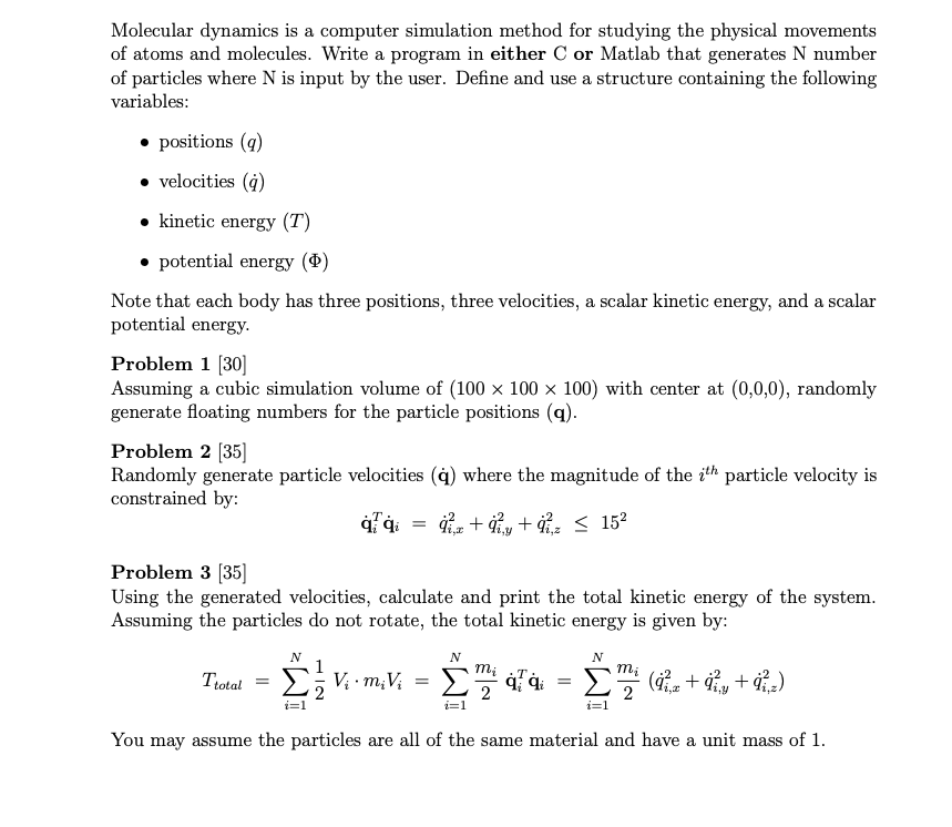 Solved Molecular dynamics is a computer simulation method | Chegg.com