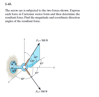 Solved 2-65. The screw eye is subjected to the two forces | Chegg.com