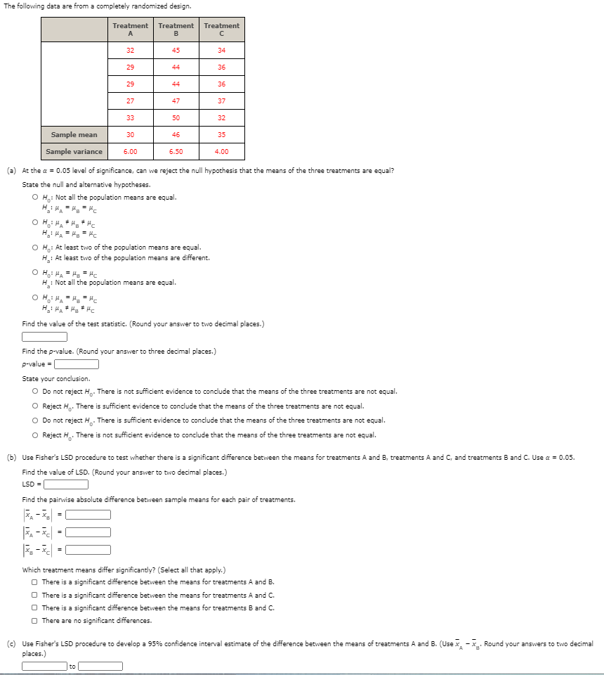 Solved In a completely randomized design, seven experimental | Chegg.com