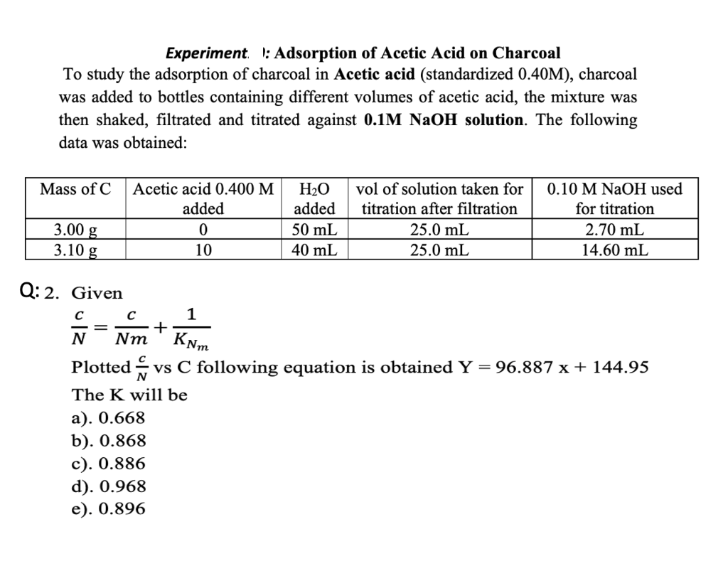 Solved Experiment ! Adsorption of Acetic Acid on Charcoal