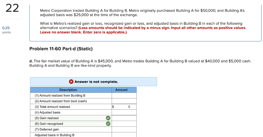 Solved 22 0.25 Points Metro Corporation Traded Building A | Chegg.com