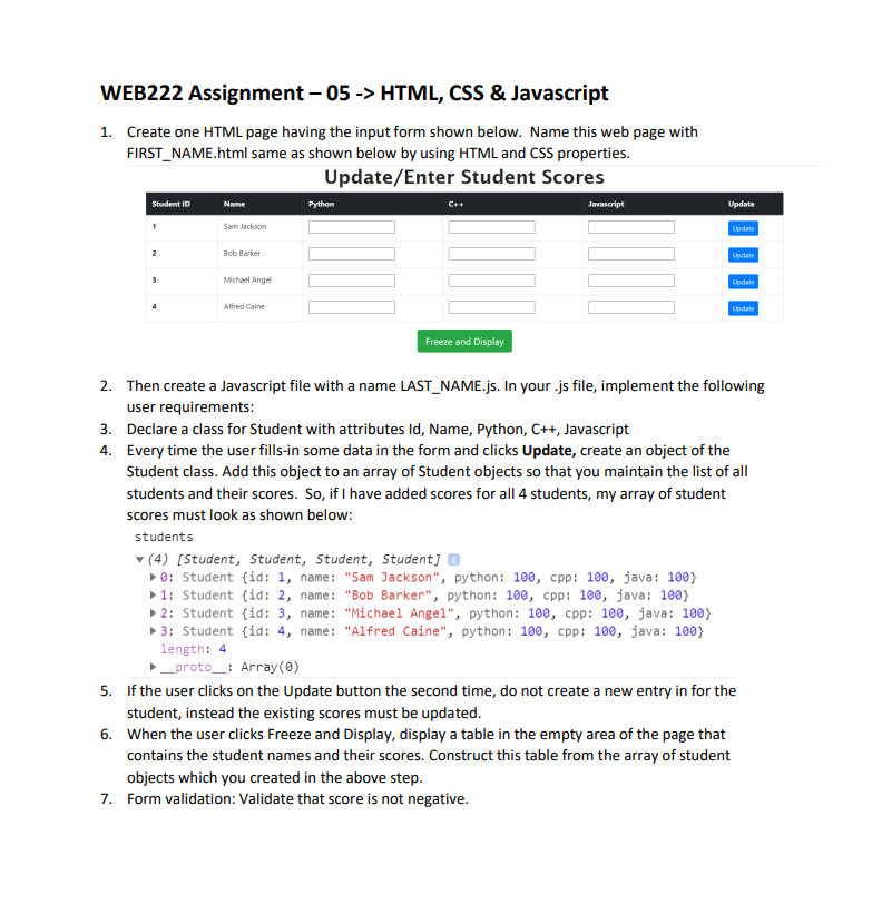 Solved WEB222 Assignment -05 -> HTML, CSS & Javascript 1. | Chegg.com