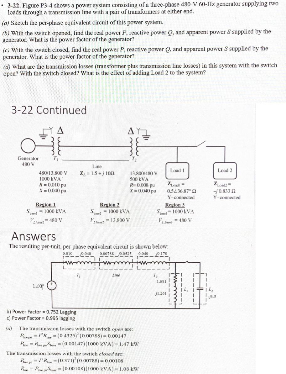 Solved - 3-22. Figure P3-4 shows a power system consisting | Chegg.com