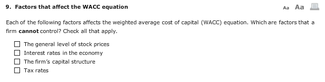 Solved 9. Factors that affect the WACC equation Aa Aa Each | Chegg.com