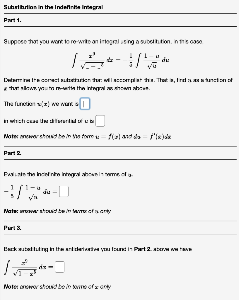 Solved Substitution in the Indefinite Integral Part 1. | Chegg.com