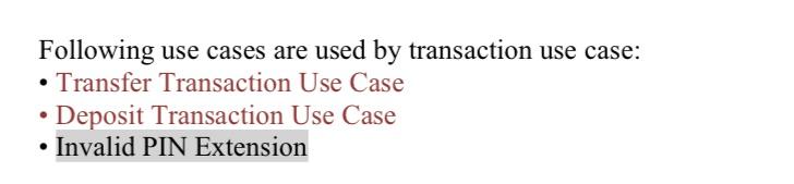 Following use cases are used by transaction use case:
- Transfer Transaction Use Case
- Deposit Transaction Use Case
- Invali