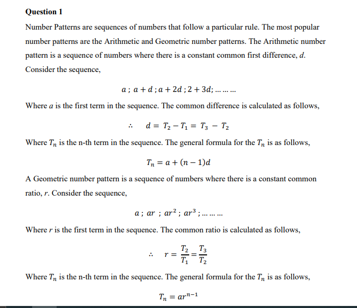 Solved Question 1 Number Patterns are sequences of numbers | Chegg.com