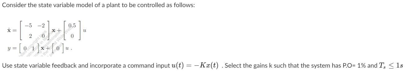 Solved Consider the state variable model of a plant to be | Chegg.com