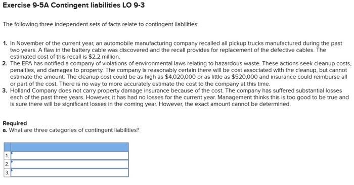 Solved Exercise 9-5A Contingent Liabilities LO 9-3 The | Chegg.com