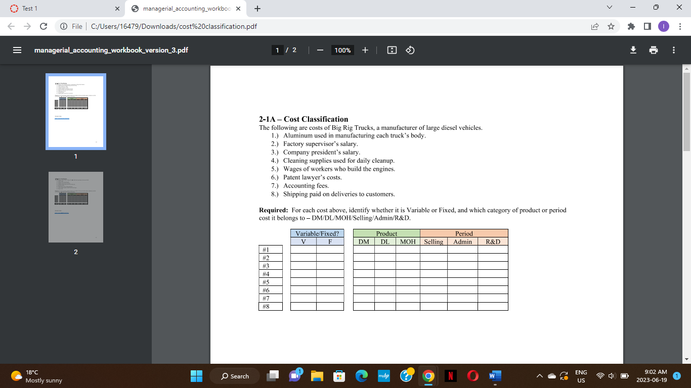 Solved 2-1A - Cost Classification The following are costs of | Chegg.com