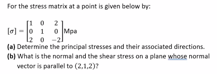 Solved For the stress matrix at a point is given below by: C | Chegg.com