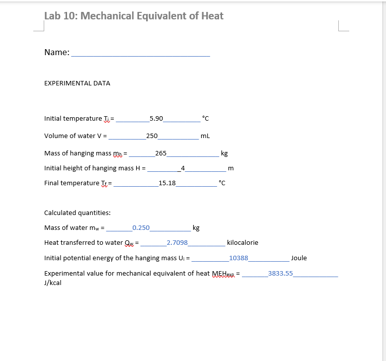 Solved Lab 10 Mechanical Equivalent of Heat Name