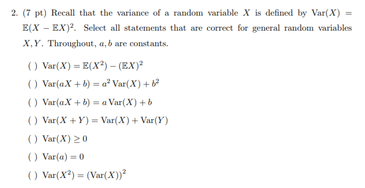 Solved 2. (7 Pt) Recall That The Variance Of A Random | Chegg.com