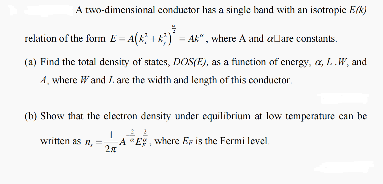 A Two-dimensional Conductor Has A Single Band With An | Chegg.com