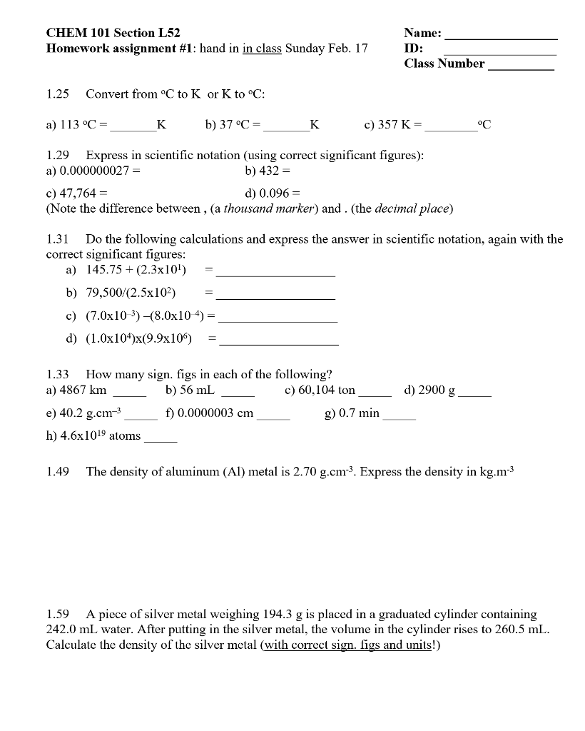Solved CHEM 101 Section L52 Homework assignment #1 : hand in | Chegg.com