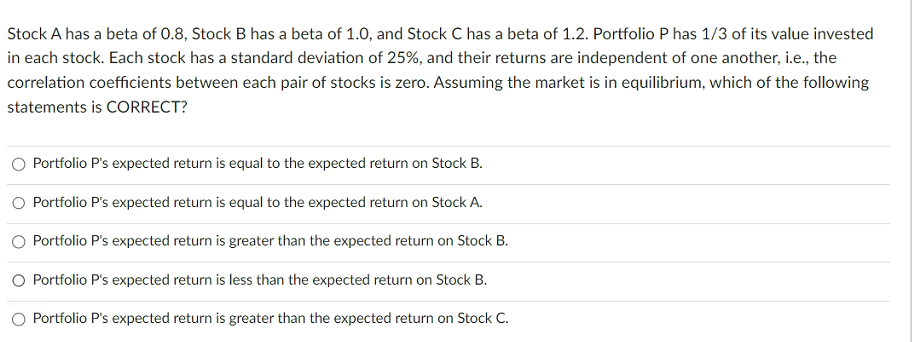 Solved Stock A Has A Beta Of 0.8, Stock B Has A Beta Of 1.0, | Chegg.com