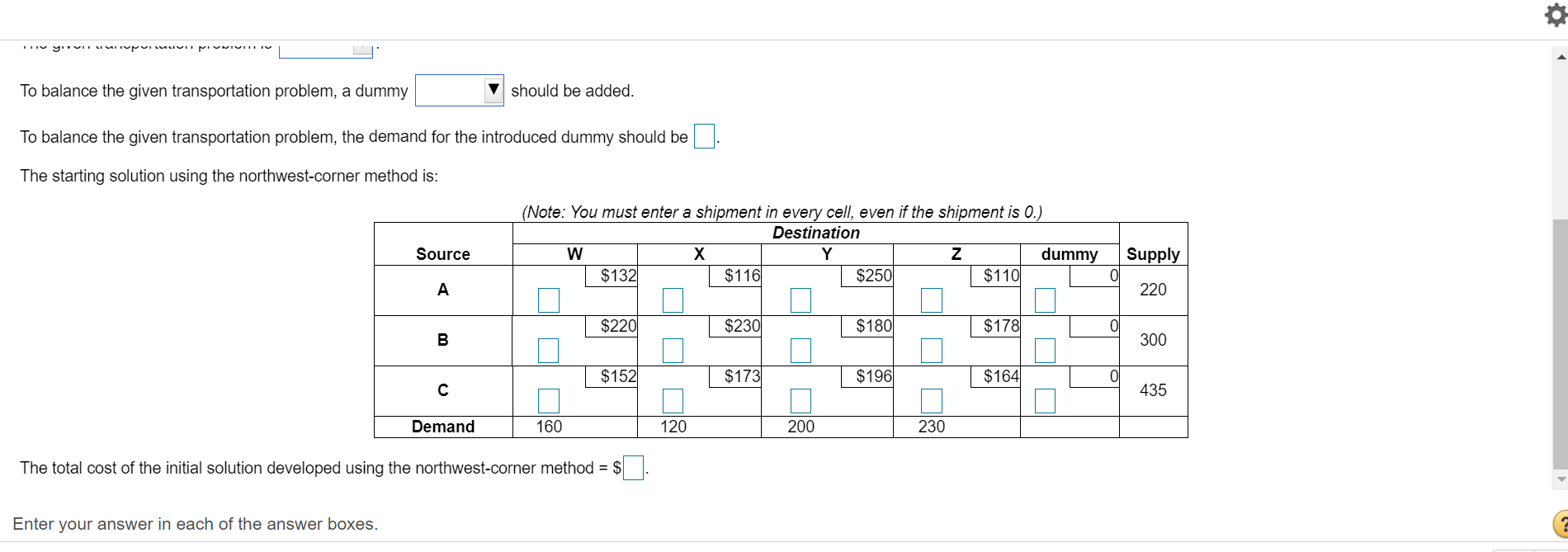 Solved In the following table the transportation costs for | Chegg.com