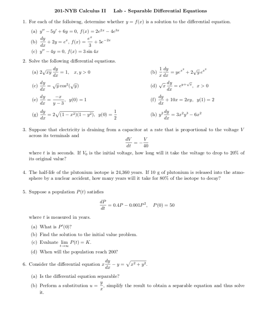 Solved 201-NYB Calculus II Lab - Separable Differential | Chegg.com