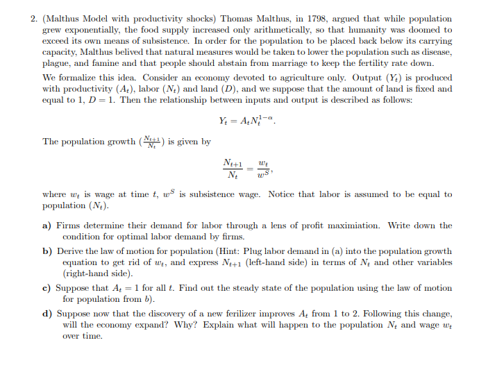 (Malthus Model with productivity shocks) Thomas | Chegg.com