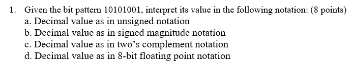 Solved 1. Given the bit pattern 10101001, interpret its | Chegg.com
