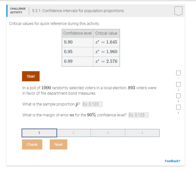 Solved CHALLENGE ACTIVITY 5.3.1: Confidence intervals for | Chegg.com