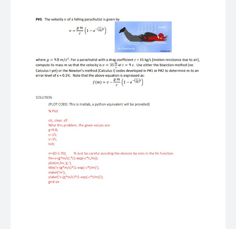 Solved P 3 Velocity V Falling Parachutist Given Gravity V 9 1 E M Air Resistance G 98 M S Parachu Q