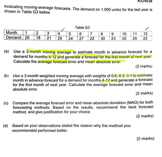 evaluating moving-average forecasts. The demand (in 1,000 units) for the last year is shown in Table Q3 below.
Table O3
(a) U