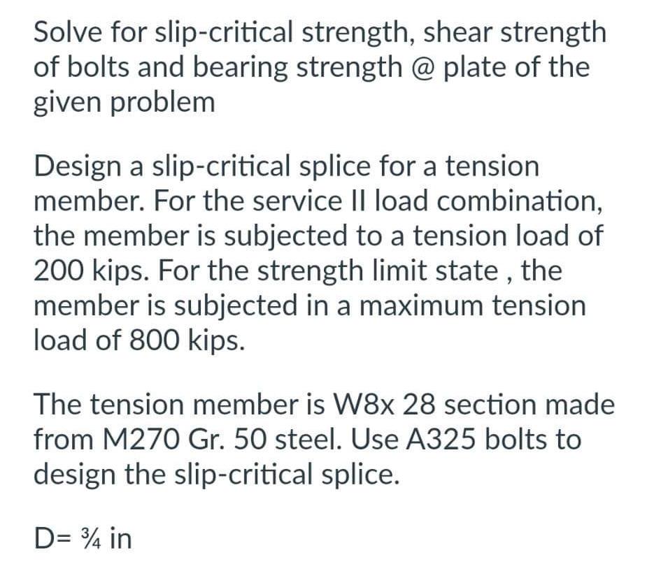 Solved Solve for slipcritical strength, shear strength of