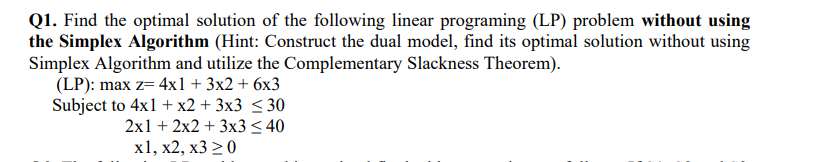 Solved Q1. Find the optimal solution of the following linear | Chegg.com