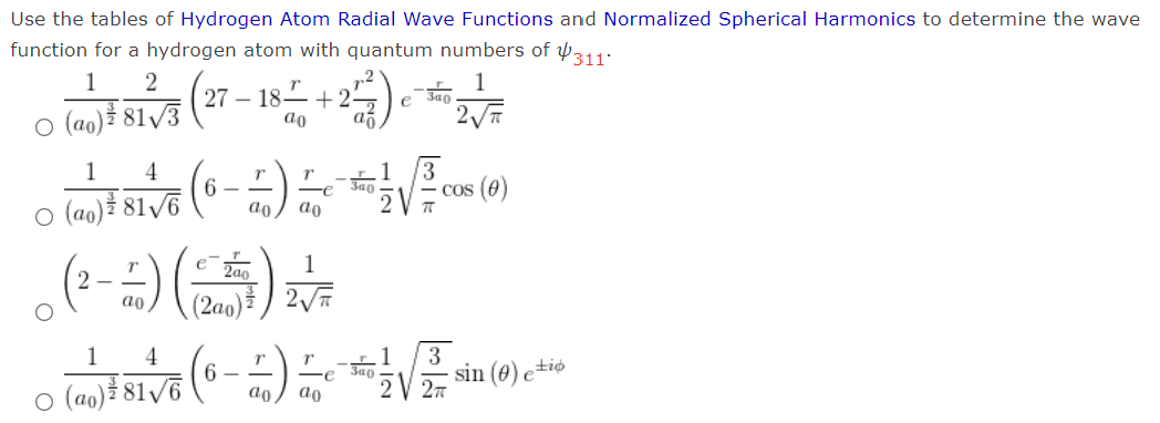 Solved Use the tables of Hydrogen Atom Radial Wave Functions | Chegg.com