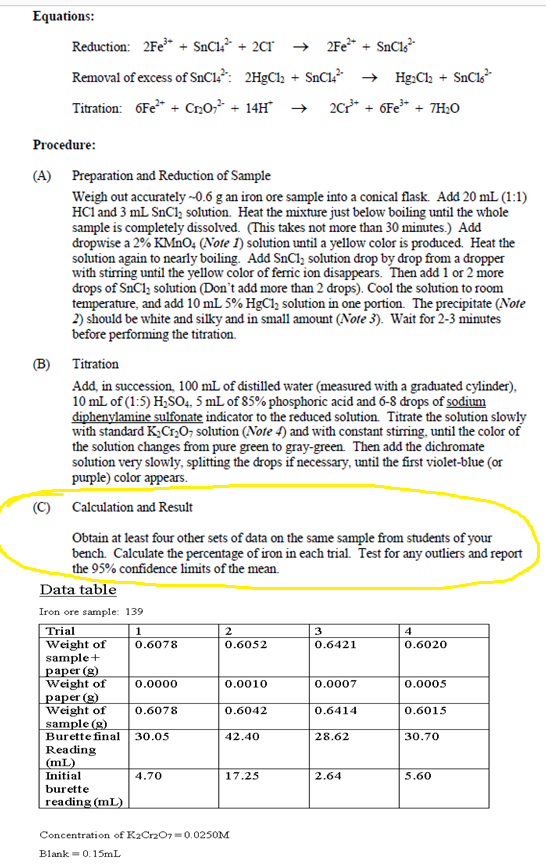 Solved Percentage Of Iron In Iron Ore By Redox Titration 