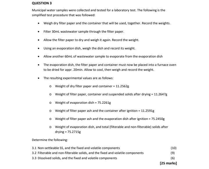 Solved QUESTION 3 Municipal water samples were collected and | Chegg.com