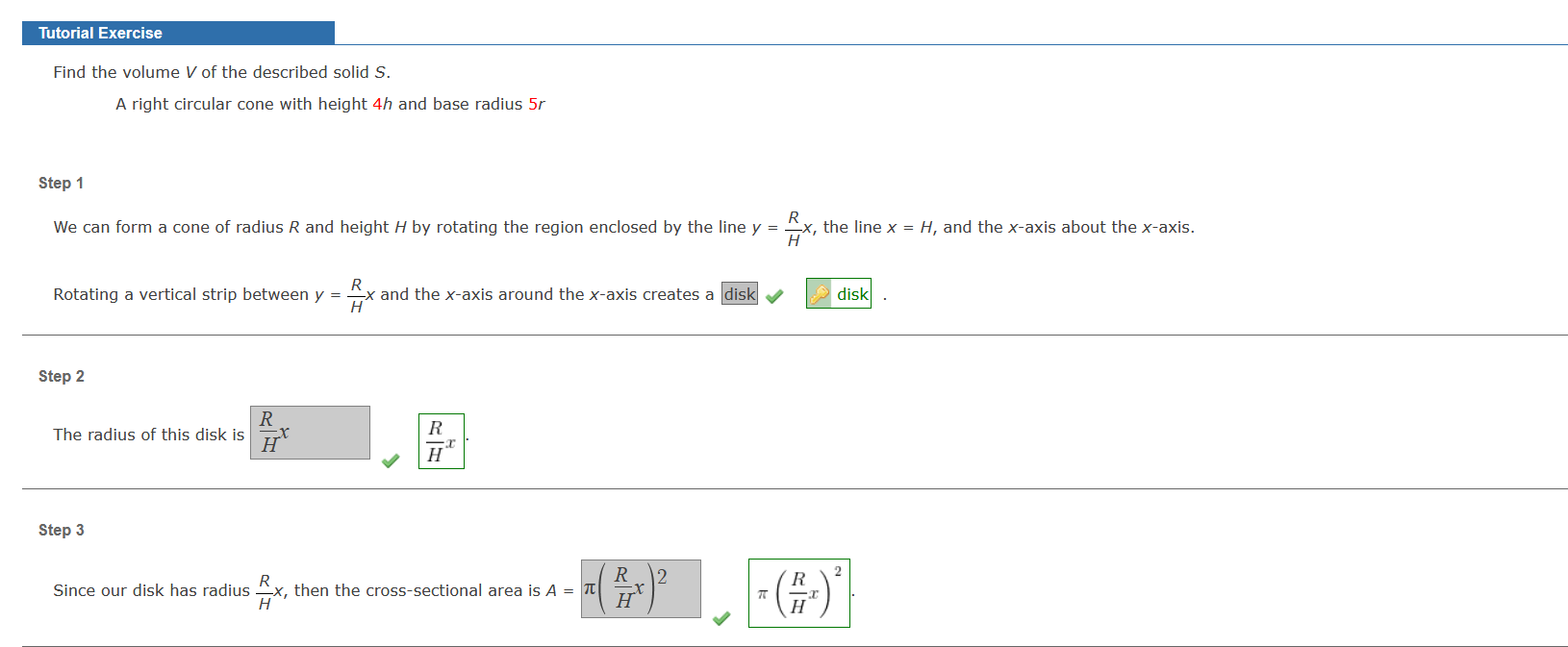 Find the volume \( V \) of the described solid \( S \).
A right circular cone with height \( 4 h \) and base radius \( 5 r \)