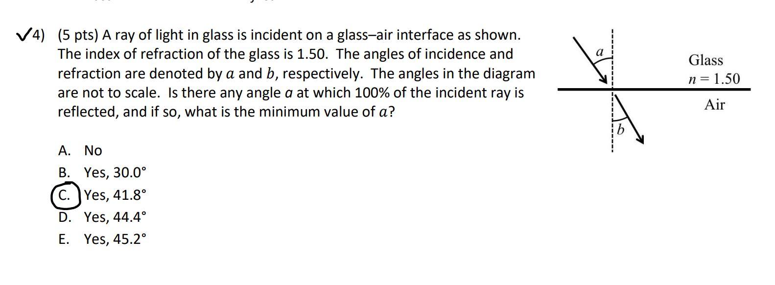 Solved V4) (5 pts) A ray of light in glass is incident on a | Chegg.com