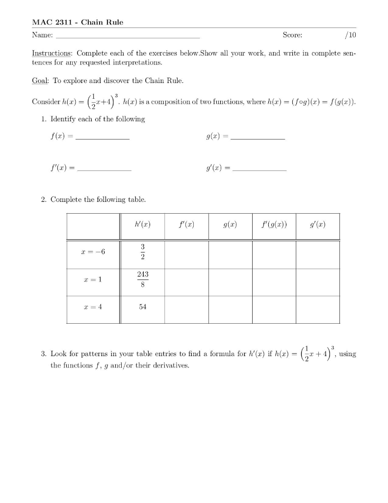 MAC 25- Chain Rule Name: Score: /25 Instructions:  Chegg.com Throughout Writing A Function Rule Worksheet