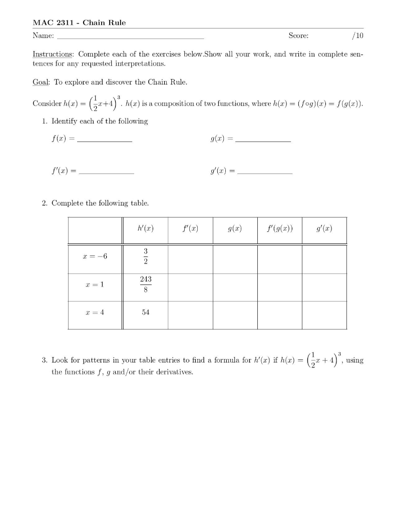 Solved MAC 22- Chain Rule Name: Score: /22 Instructions:  Chegg.com With Writing A Function Rule Worksheet