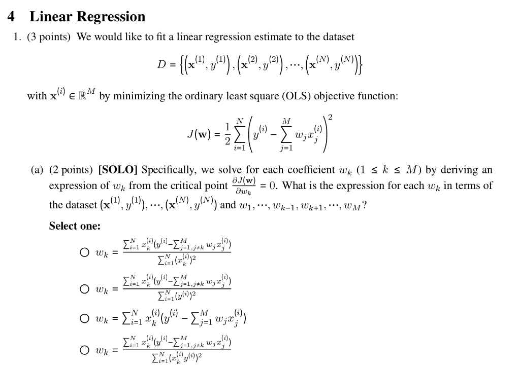 Solved 4 Linear Regression 1. (3 points) We would like to | Chegg.com