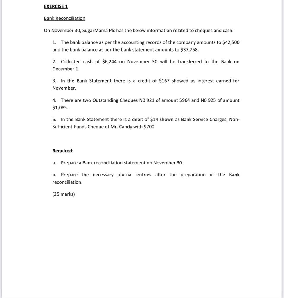 Solved EXERCISE 1 Bank Reconciliation On November 30 , | Chegg.com
