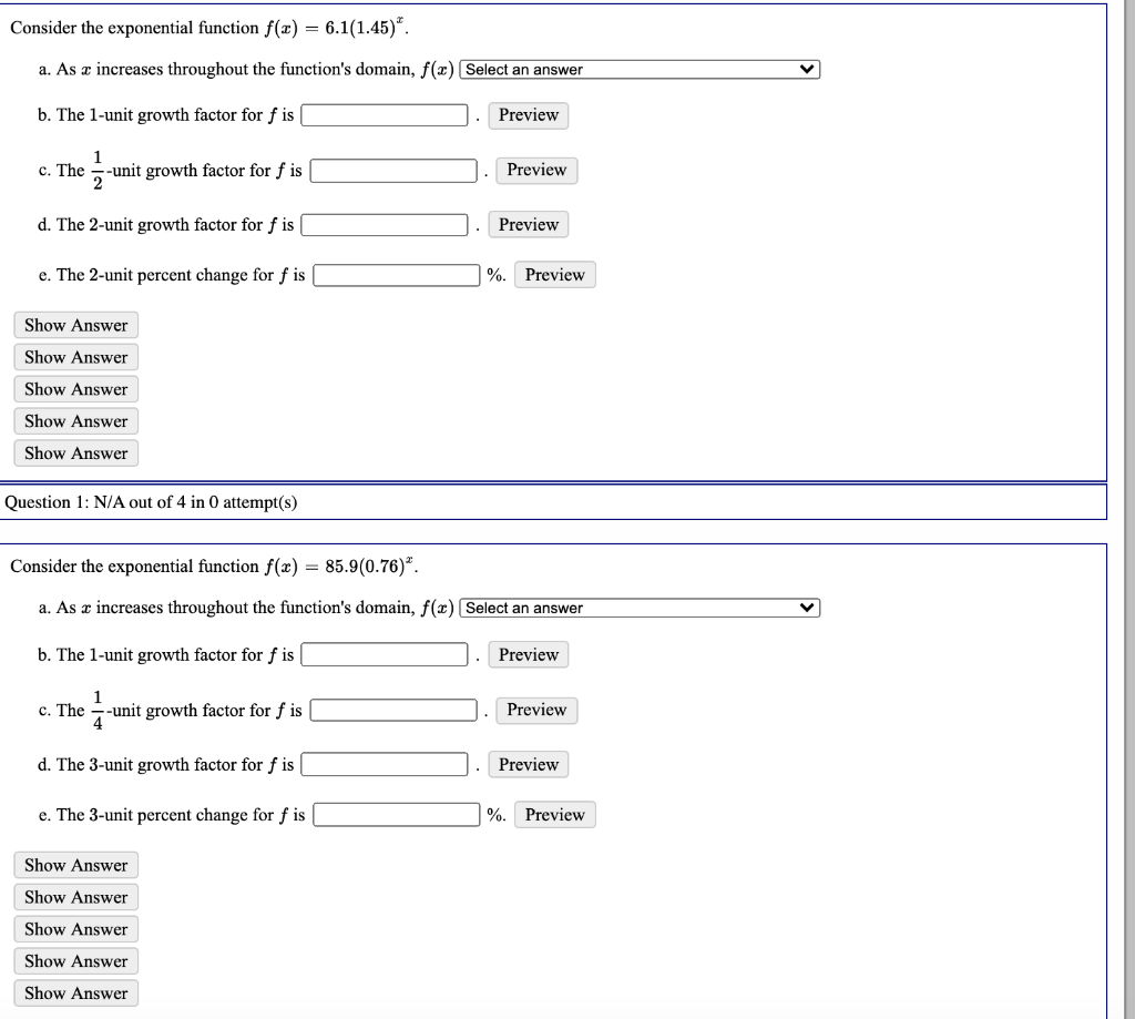 Solved Consider the exponential function f(x) = 6.1(1.45)*. | Chegg.com