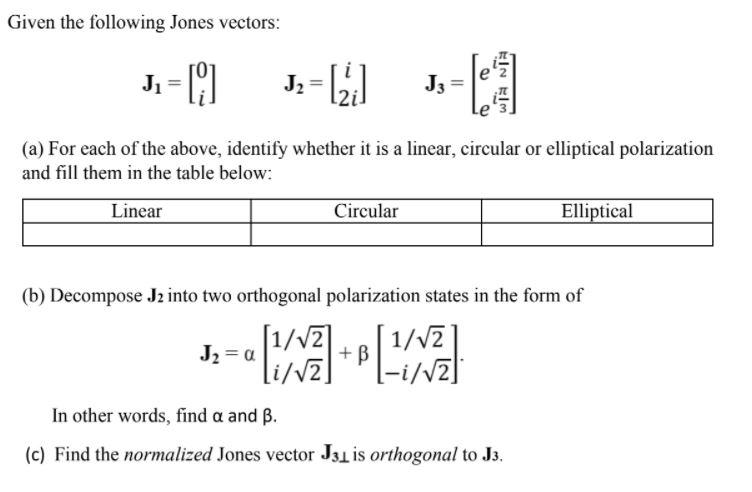 Solved Given the following Jones vectors: J. = 1:] Jz = [21] | Chegg.com