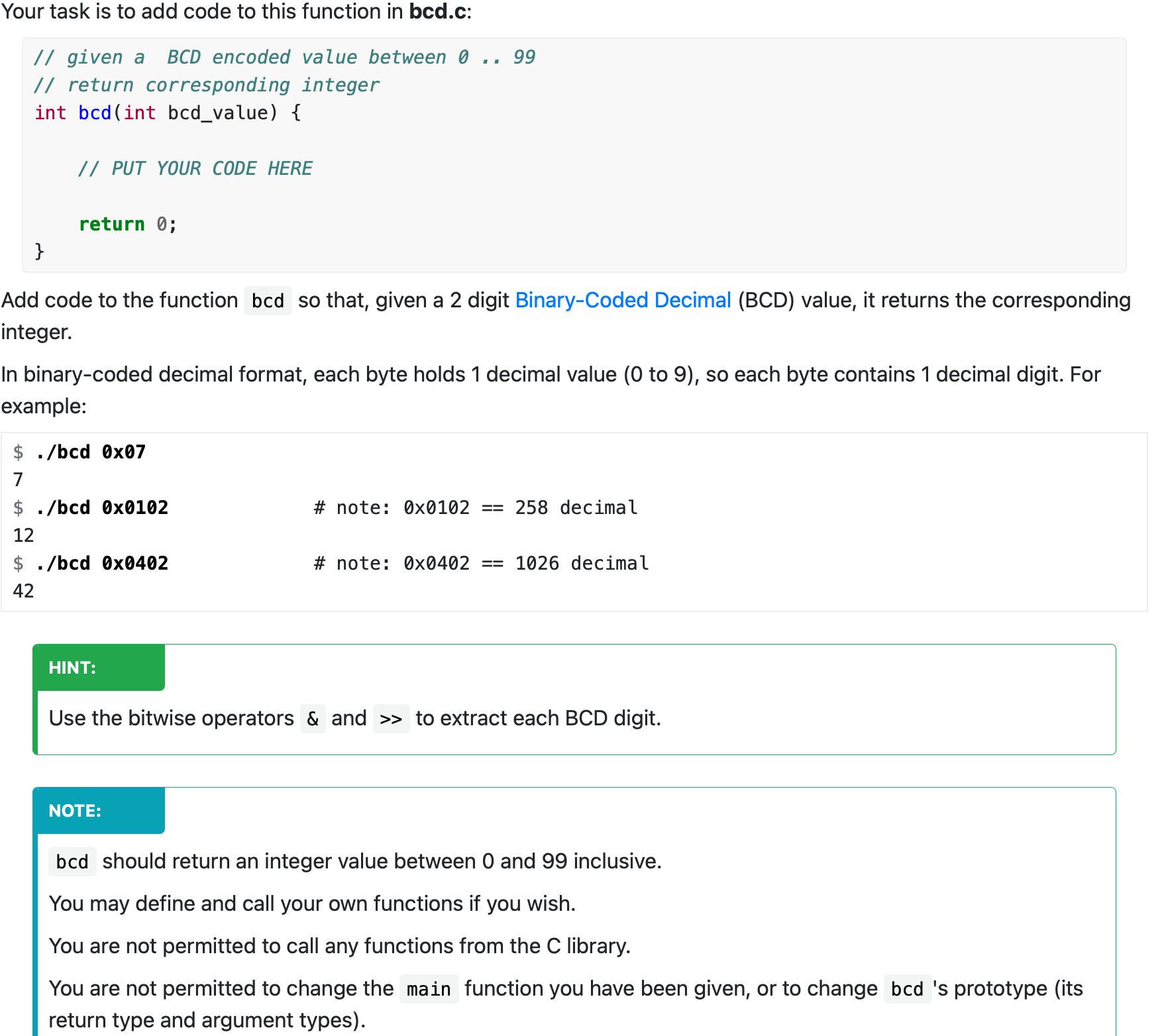 Your task is to add code to this function in bcd.c: | Chegg.com