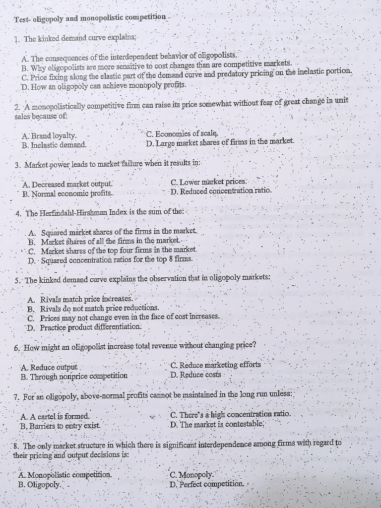 Solved · Test- oligopoly and monopolistic competition 1. The | Chegg.com