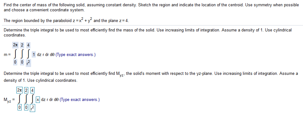 Solved Find the center of mass of the following solid, | Chegg.com
