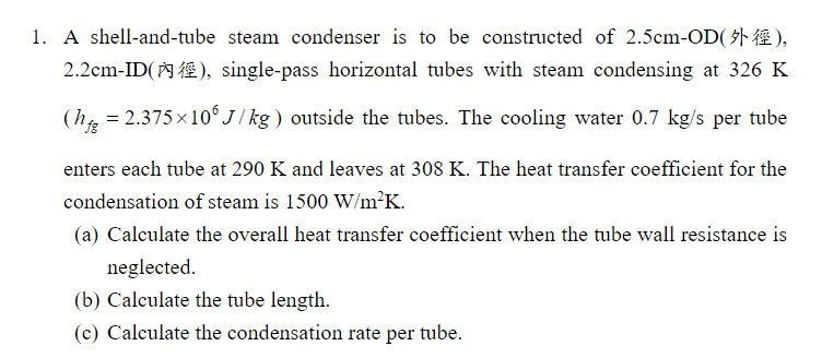 Solved A Shell And Tube Steam Condenser Is To Be Constructed Chegg Com