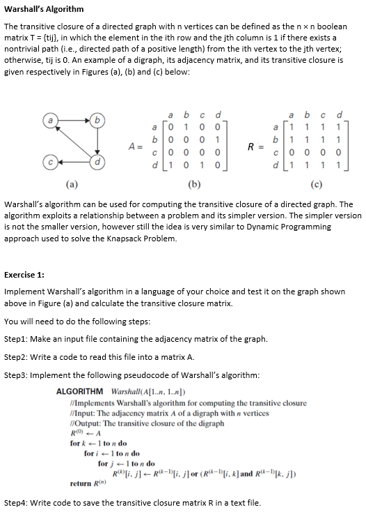 Solved Warshall's Algorithm The Transitive Closure Of A | Chegg.com