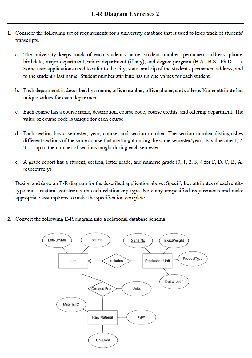 Solved E R Diagram Exercises 2 1 Consider The Following Set