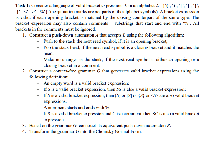 Solved Task 1: Consider a language of valid bracket | Chegg.com