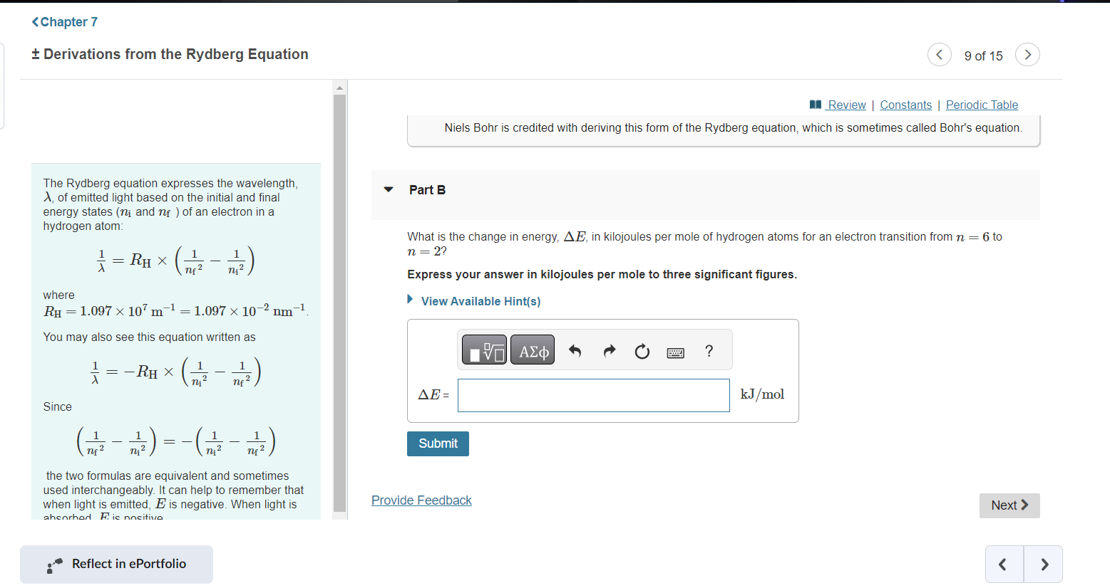 Solved ± Derivations from the Rydberg Equation 9 of 15 Niels | Chegg.com