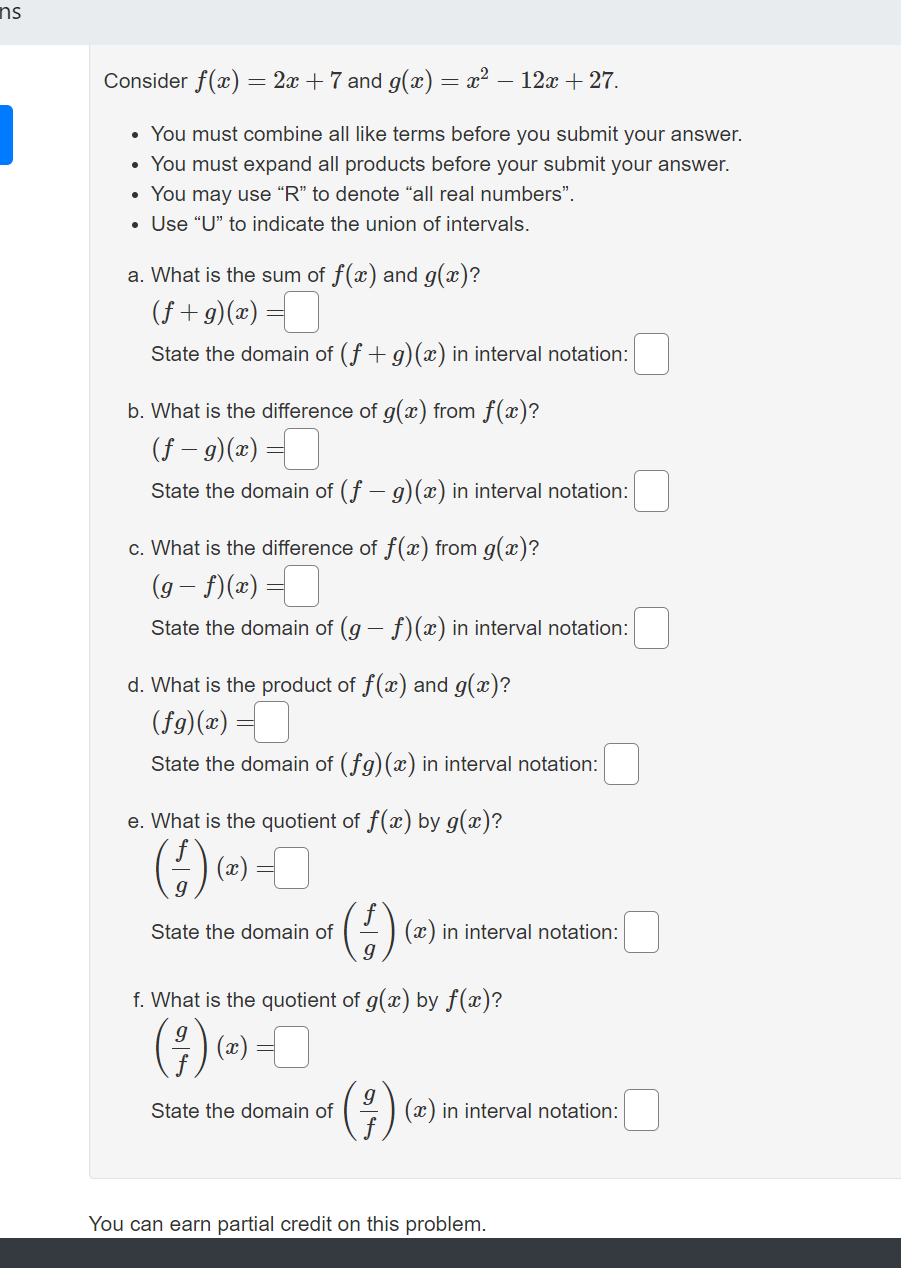 Solved Ns Consider F X 2x 7 And G X X2 12x 27 Chegg Com